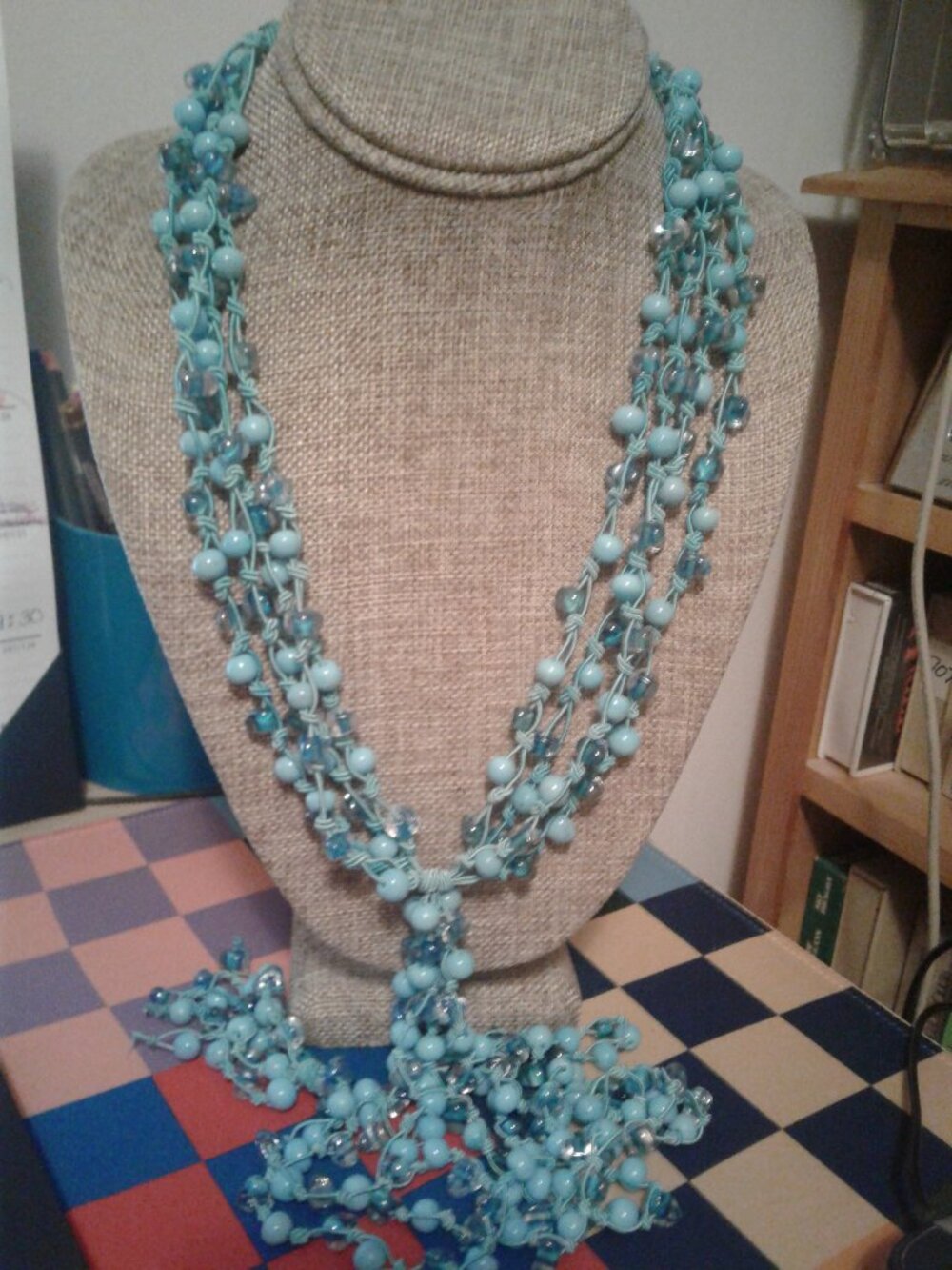 LONG Four Strand Aqua Glass Bead Silk Cord Strung Statement Necklace 54"L LNC